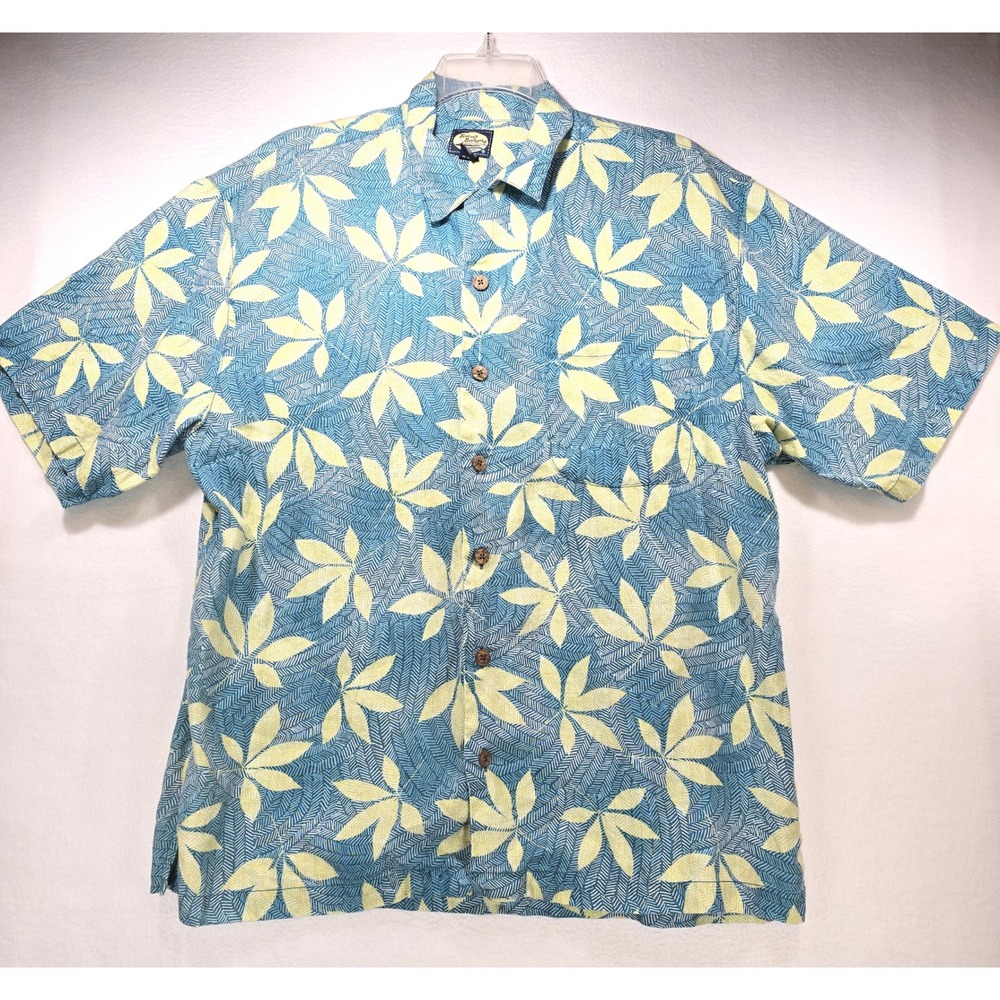 Tommy Bahama Men Large Blue Yellow Tropical Leaf 100% Linen Camp Shirt Short Slv